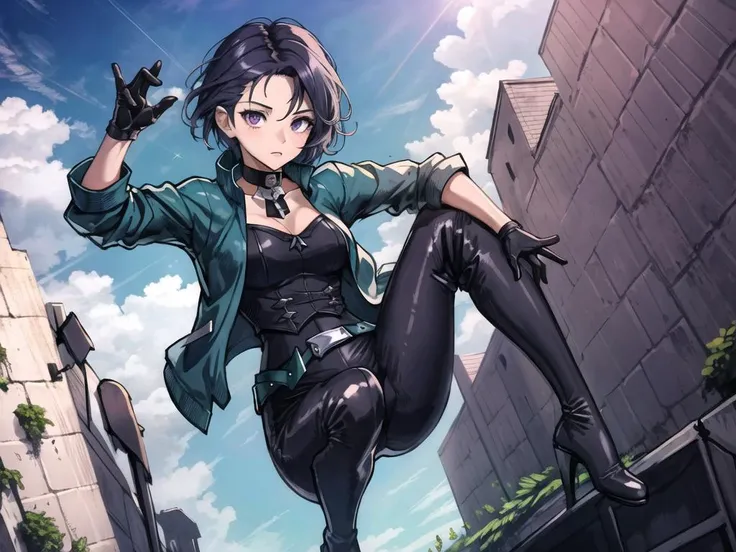 masterpiece, ultra high quality cg, best quality, perfect image, 1girl, shamir, jumping, midair, choker, violet eyes, green jacket, black gloves, belt, black pants, knee boots, blue sky
