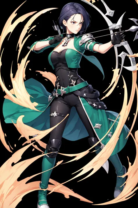masterpiece, best quality, defShamir, collar, shoulder pad, black shirt, black gloves, bodice, green jacket, green belt, black pants, green boots, whole body, black background, simple background, FEH, standing, furrowed brow, serious, BowAiming, bow \(weapon\), aiming <lora:shamir-nvwls-v3-2-000012:0.7> <lora:FEH_Concept_v2:1> <lora:UnlimitedBladeWorksV1:0.7>
