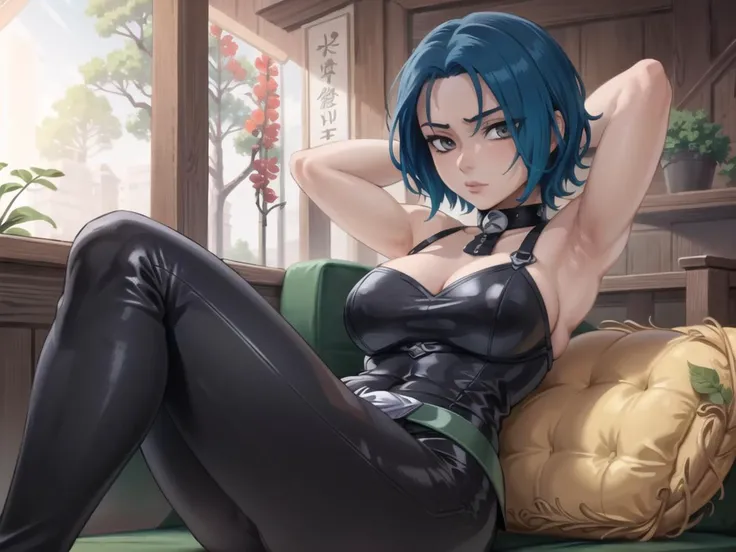 (masterpiece:1.3), anime, perfect lighting, vivid colors, perfect face, best quality, perfect image, solo, 1girl, shamir, bodice, leggings, green belt, relaxing, arms behind head, indoors, couch