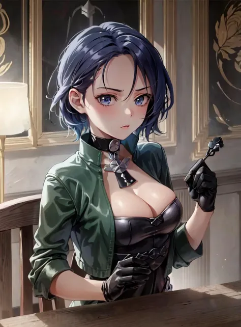 (masterpiece:1.3), anime, perfect lighting, vivid colors, perfect face, best quality, perfect image, solo, 1girl, shamir, green jacket, black gloves, ornate room, pouting, upper body