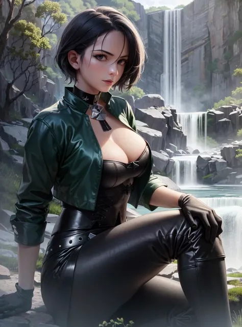 (masterpiece:1.3), (realistic:1.4), hyperrealistic, perfect face, best quality, perfect image, solo, 1girl, shamir, green jacket, black gloves, outdoors, sitting, waterfall, stream, dynamic pose