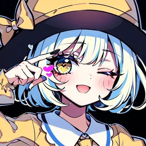 kawaii,(illustration) ,sketch,1girl, bangs, black_headwear, blush, eyebrows_visible_through_hair, fingernails, frilled_shirt_collar, frilled_sleeves,hat, ((heart)),one_eye_closed, open_mouth, pink_nails, polka_dot, shirt, sleeves_past_wrists, smile,v_over_eye, yellow_bow, yellow_shirt,(ultra detailed 8k wallpaper game CG best quality),vivid, <hypernet:suzuka-12000:1>