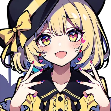 kawaii,(illustration) ,sketch,1girl,  bangs, black_headwear, blush, eyebrows_visible_through_hair, fingernails, frilled_shirt_collar, frilled_sleeves,hat, ((heart)),one_eye_closed, open_mouth, pink_nails, polka_dot, shirt, sleeves_past_wrists, smile,v_over_eye, yellow_bow, yellow_shirt,(ultra detailed 8k wallpaper game CG best quality),vivid, <hypernet:suzuka-16000:0.87>