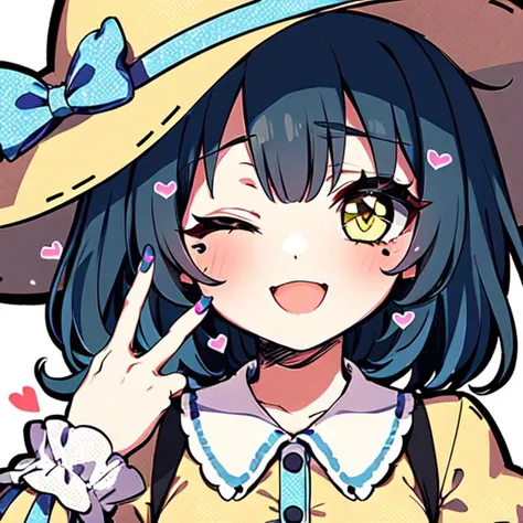 kawaii,(illustration) ,sketch,1girl,  bangs, black_headwear, blush, eyebrows_visible_through_hair, fingernails, frilled_shirt_collar, frilled_sleeves,hat, ((heart)),one_eye_closed, open_mouth, pink_nails, polka_dot, shirt, sleeves_past_wrists, smile,v_over_eye, yellow_bow, yellow_shirt,(ultra detailed 8k wallpaper game CG best quality),vivid, <hypernet:suzuka-11000:1>