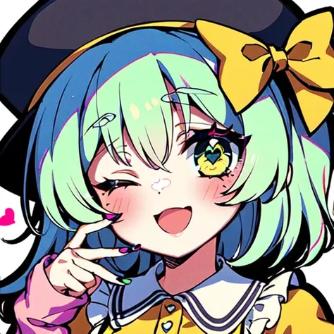 kawaii,(illustration) ,sketch,1girl, bangs, black_headwear, blush, eyebrows_visible_through_hair, fingernails, frilled_shirt_collar, frilled_sleeves,hat, ((heart)),one_eye_closed, open_mouth, pink_nails, polka_dot, shirt, sleeves_past_wrists, smile,v_over_eye, yellow_bow, yellow_shirt,(ultra detailed 8k wallpaper game CG best quality),vivid, <hypernet:suzuka-13000:1>
