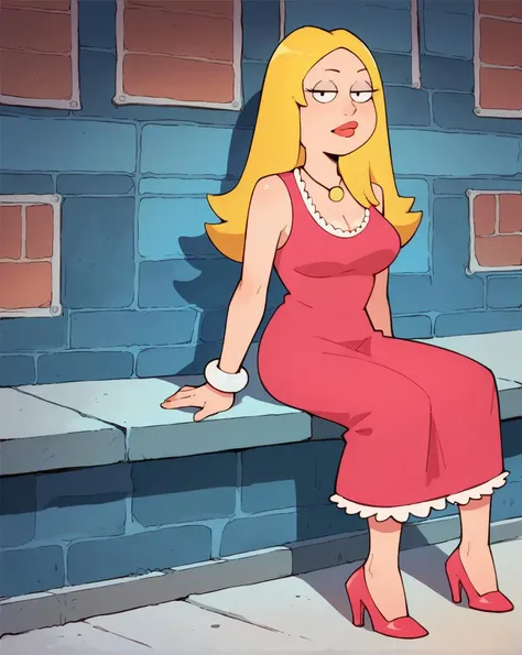 score_9, score_8_up, score_7_up, score_6_up, source_anime, <lora:francinePony3:1>, francine, blonde hair, long hair, white braclet, breasts, solo, necklace, cleavage, dress, pink dress, high heels, sitting, looking at viewer, cowboy shot, <lora:Smooth Anime 2 Style SDXL_LoRA_Pony Diffusion V6 XL:1>