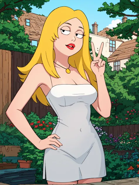 <lora:FraniceOmix:0.6> francine, looking at viewer, 1girl, black eyes, dot eyes, standing, upper body, contrapposto, hand on hip, peace sign, blonde hair, toon (style), long hair, breasts, cleavage, solo, makeup, jewelry, necklace, flat color, lipstick, white dress, short dress, strapless, sleeveless,  outdoors, garden, <lora:Function_Better.Hands:1>