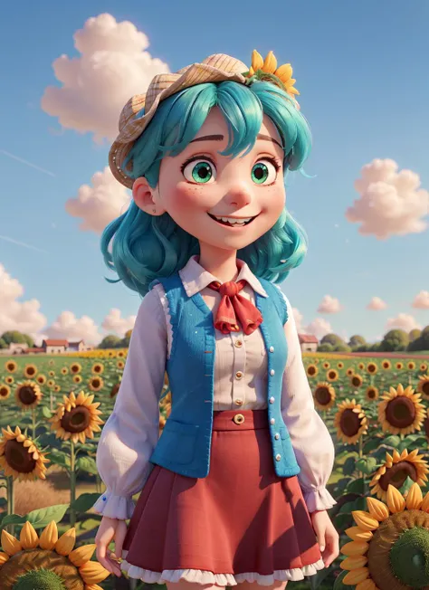 masterpiece, best quality, 1girl ascot blue_sky cloud day field flower flower_field green_hair juliet_sleeves long_sleeves open_clothes open_vest ,outdoors ,puffy_sleeves red_eyes, shirt, skirt, sky, smile, solo,sunflower ,vest