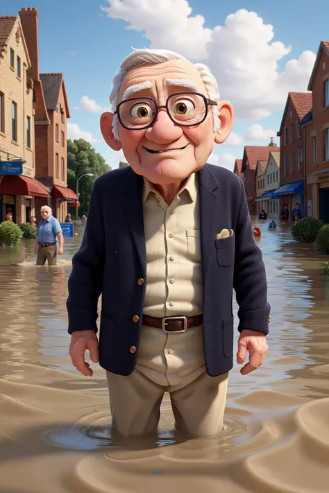 masterpiece, best quality ,an old man submerged in a flood at town