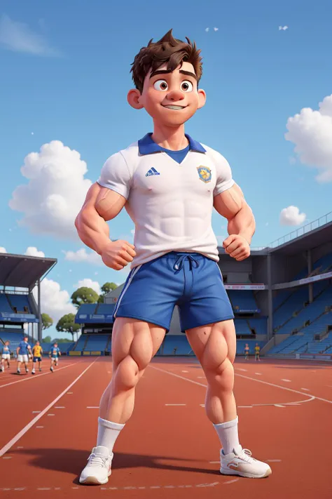 masterpiece, best quality, a primary school student, a boy, with (((well-developed muscles)), thick and (((strong thighs))) and arms, stands on the running track with his fists clenched. He is wearing a school uniform with shorts, a school shirt, and white shoes. The background features a sports field with a blue sky and white clouds.