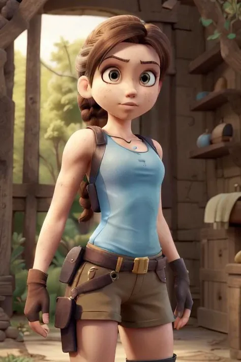 <lora:tombraider_classiclaracroft:0.7> lara croft, single braid, blue tank top, brown shorts, fingerless gloves, holster 
dynamic pose, upper body