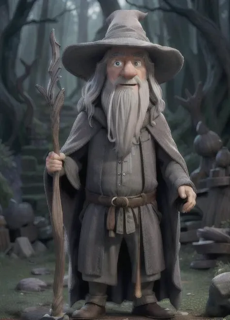 upper body, ian mckellen, gandalf from lord of the rings, lotr, (wooden staff), (cape), (gray cloak), (wizard hat), gandalf hat, old, <lora:add_detail:0.5>, shallow depth of field, pixar, (focus on face), fantasy, forest in background, cinematic light, masterpiece, best quality <lora:lotr:0.25> <lora:gandalf:0.3>