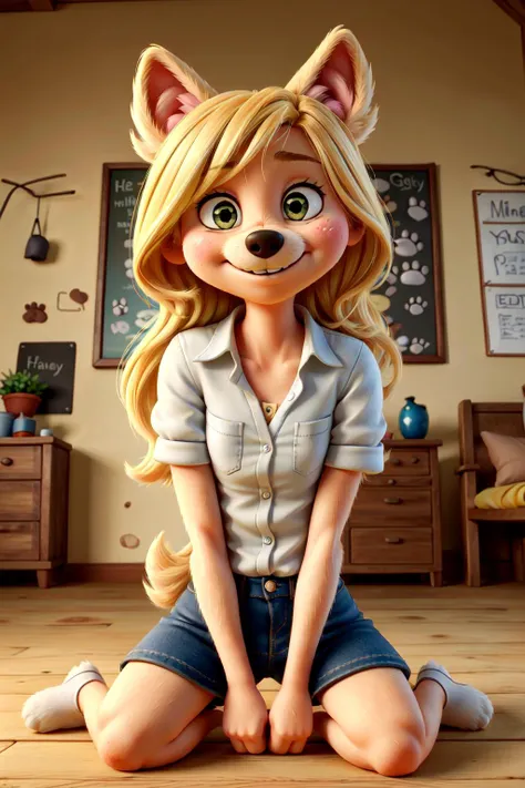 portrait of a cute (human girl:1.7), (furry dog:1.3), age 20, on all fours, sitting, sexy skimpy shirt, perfect eyes, perfect body, perfect face, perfect snout, perfect canine ears, perfect teeth, 8k HD, global illumination, well lit, sharp focus, ultra fine details, smooth vertex shading, subsurface rendering <lora:Anthro:0.4>