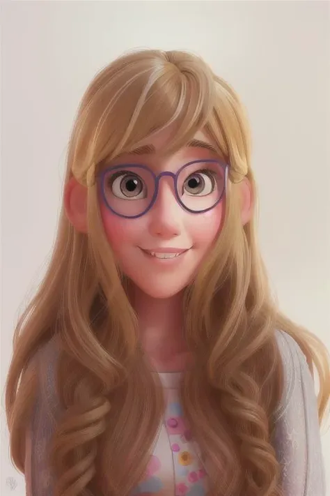 Transform the image of the young woman with blonde hair,  beautiful, 3d looking,  with glasses, with bangs, into a Disney-style illustration. Maintain the subject's appearance while applying the distinctive Disney artistic style, (characterized by vibrant colors), smooth lines, and a whimsical, animated look  <lora:royta v1.1:1>