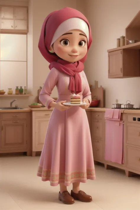 masterpiece, best quality ,big kitchen: Successful malay female baker wearing pink hijab and baju kurung showing off her cake