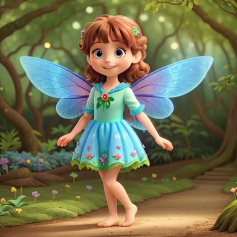 fairy child,brown hair,(blue fairy wings:1.2),(green leave dress),magic forest,bare foot,masterpiece,official art,adorable smile,beautiful 8k HD,colourful flowers emit bioluminescent glows,