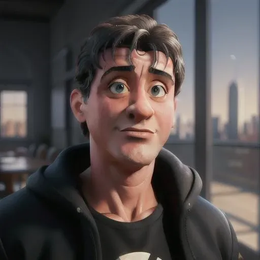 masterpiece, best quality,Sylvester Stallone,city background, black jacket, natural light, close-up shot