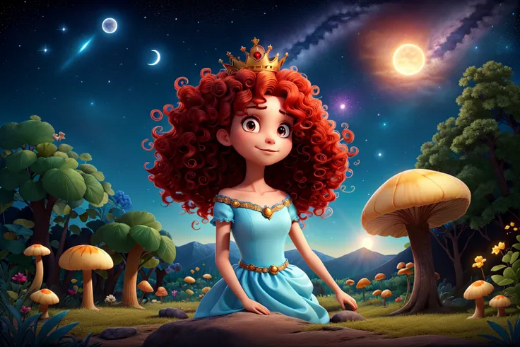 masterpiece, best quality, a Queen,red curly hair, wearing a gorgeous dress and a crown on her head, (looking at viewer), blue butterfly, bug, butterfly, crescent moon, fireworks, flower, half Moon, glowing butterfly, milky way, Big Mushroom, night sky, planet, shooting star, sky, space, starry sky