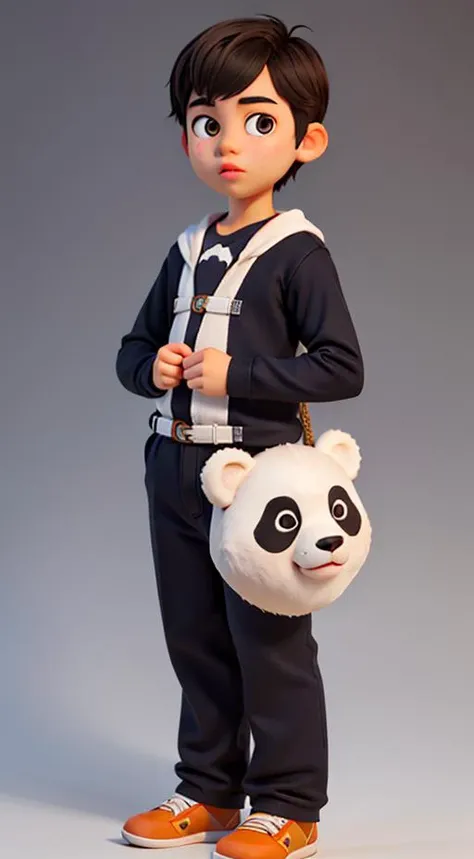 1Little boy,  gradient , gradient _ background, solo, grey_background, lips,  long_sleeves,Panda suit, looking_at_viewer, short_hair, black_hair