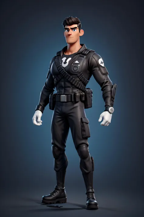 3D character, a very tall man wearing a black commando attire, bodybuilder, very short black hair, blue eyes, cute big circular reflective eyes, big white gloves, white combat boots, white ammunition belt, black t-shirt with skull motif, skull logo on his chest, holding a 45 colt pistol, (cinematic composition), (pixar style:1.2), (CGI animation: 1.2), (Disney: 1.2), (cartoon: 0.2), (best quality, masterpiece, 4k, ultra detailed, sharp focus, 8k, high definition:1.2), (by Danny Mac 3D, by Follygon), (masterpiece: 1.2), absurdres, <lora:add_detail:0.6> <lora:LowRA:0.3> <lora:polyhedron_men_eyes:.2> <lora:more_details:0.4> <lora:3DMM_V5:0.45>