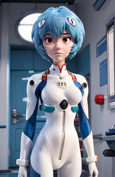 6_Sadamoto Yoshiyuki, masterpiece, high quality best quality, Rei Ayanami in white plugsuit, close-up face, blue hair, frown, in the style of queencore, highly realistic, princesscore, bulbous, tachisme, ultra hd, at the hospital,  dynamic pose,  <lora:AyanamiReiV6-000010:1>