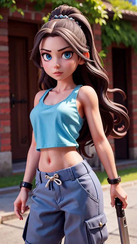 <lora:detail-tweaker:1.0> beautiful princess, blue eye shadow, tank top, cargo pants, long wavy hair, (weapons:1.2), sharp focus, high resolution, photorealistic, detailed, HDR, depth of field, broad light, high contrast