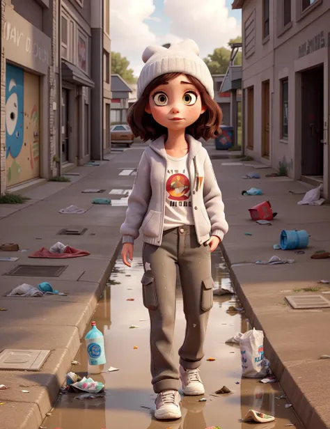 masterpiece, best quality, 1girl, walking on sidewalk, hip hop woman, baggy pants, retro, suburban, suburbia, 1990s, white beanie, outdoor, laid-back, puddles, drain, rebellious, bedraggled, ((graffiti)), ((trash)), dirt lying around, leaves, ((broken concrete)), city, symmetric eyes, hands in pockets, clouds, overcast, detailed face,