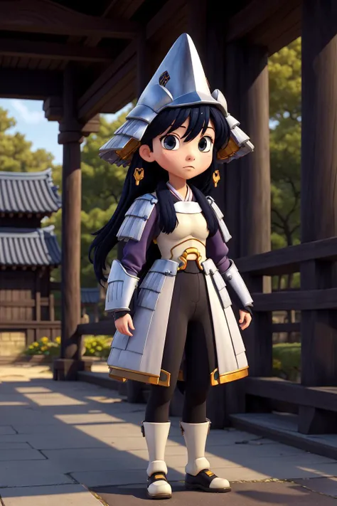 1girl, solo, masterpiece, best quality, highly detailed, illustration, uesugi kenshin (rance), outdoors, village, east asian architecture, standing, armor, helmet, looking at viewer, expressionless, <lyco:UesugiKenshin-10:0.75>