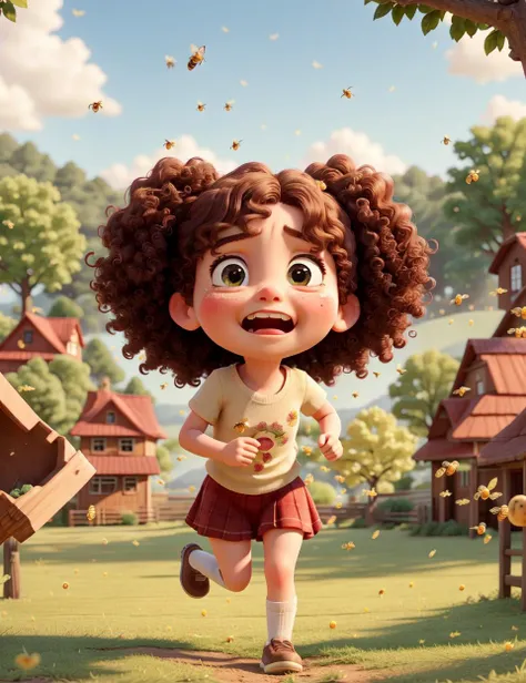 masterpiece, best quality, cute girl running on grass attacked by bees, curly hair, panic, sad face, crying, apple trees, farm, trees, honey on hands