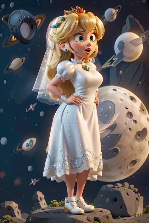(princess peach movie:1.1), (princesspeach:1.1), cute, sexy female, adorable, (large breasts:1.2), age 20, (angry:1.3), (mad:1.3), (wedding dress:1.3), (WeddingDress:1.3), (white shoes:1.4), (long white wedding dress:1.4), (standing on the rocky moon:1.7), (in outer space:1.5), perfect teeth, perfect mouth, (perfect hands:1.1), perfect face, perfect body, upset eyes, (best quality, sharp focus, masterpiece, 4k, ultra detailed, sharp focus, 8k, high definition, insanely detailed, intricate:1.2), <lora:PrincessPeachMovie:0.73>, <lora:orgasm_face_v10:0.5>