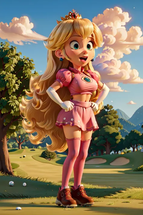 (princess peach movie:1.1), (princesspeach:1.1), cute, sexy, adorable, (large breasts:1.2), age 20, cheering, yelling, wearing a pink crop top, (wearing a short pink skirt:1.2), pink socks, pink shoes, (outside:1.1), (standing on a golf course:1.3), perfect teeth, perfect mouth, (perfect hands:1.1), perfect face, perfect body, longing eyes, (best quality, sharp focus, masterpiece, 4k, ultra detailed, sharp focus, 8k, high definition, insanely detailed, intricate:1.2), <lora:PrincessPeachMovie:0.7>, <lora:orgasm_face_v10:0.6>
