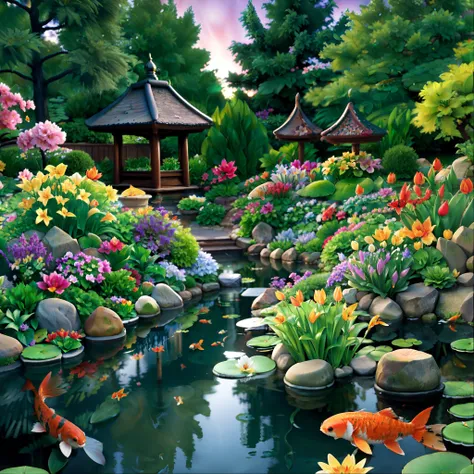 flower garden with a koi pond, lilies, fish, reflections, 8k, HDR, depth of field, detailed background, broad light, backlighting, sharp focus, RAW color photo
