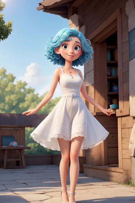 best quality, masterpiece, sharp focus, high resolution, ultra-detailed, 8k, 1girl, solo, wonderfully detailed full body illustration of beautiful woman wearing a white sundress, short curly hair, light blue hair, outside, daytime, sunlight