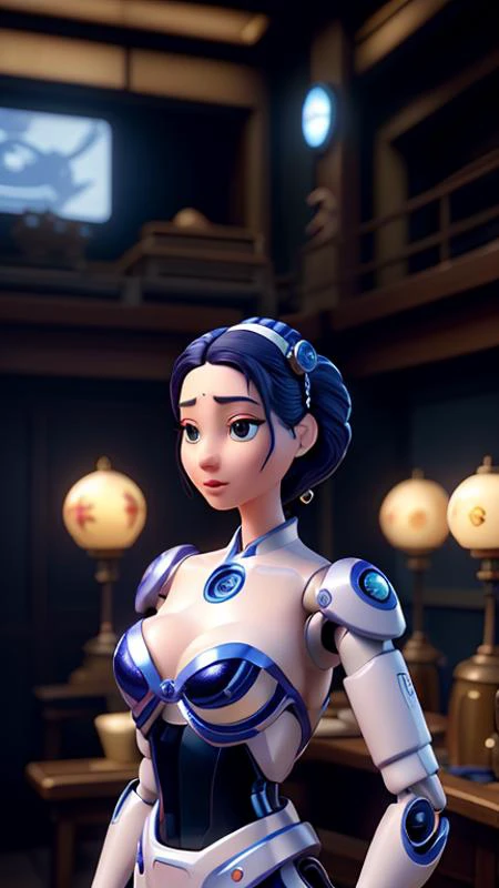 pixar style, cinematic portrait of a a female geisha cyborg, made of (porcelain:1.2), (shiny:1.3), In the cyberpunk world, a seductive female robot, blue and white porcelain, shiny:1.3, (solo:1.3) upper body, mechanical face, humanoid robot, cute, cutie, highly detailed, epic, gorgeous, high resolution, perfect lighting, finely detail, extremely detailed, ultra detailed, realistic, photorealistic, real, studio photo, 8k uhd, dsir, soft lighting, high quality,