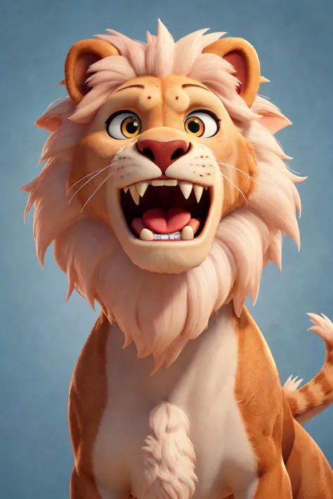 close-up photo portrait of a great red lion, blue eyes, very long lion's mane, roaring, open mouth, fangs, animal, no humans, simple background