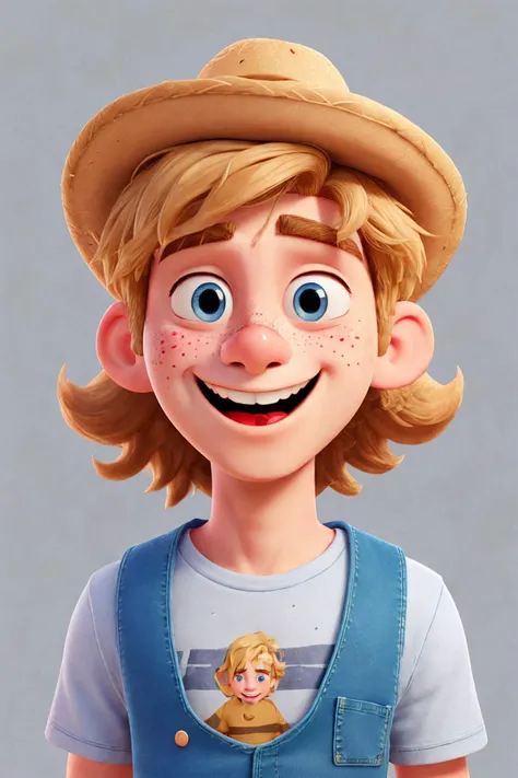 close-up photo portrait of a 20 yo european man, blond short curly hair, blue eyes, laughing face expression, freckles, denim overall, t-shirt, straw hat, farmer, simple background