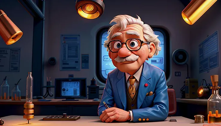Albert Einstein pondering a thought in a science lab, wearing a classic suit and tie, slightly disheveled hair, surrounded by various futuristic and steampunk-inspired scientific equipment. A futuristic tabletop nuclear fusion reactor is visible in the background, emitting a soft blue glow. The lab features brass and copper accents, intricate clockwork mechanisms, and a mixture of old-fashioned and high-tech devices. The lighting is soft and ambient, highlighting the reflective surfaces of the machines.
<lora:more_details_enhancer:0.5>