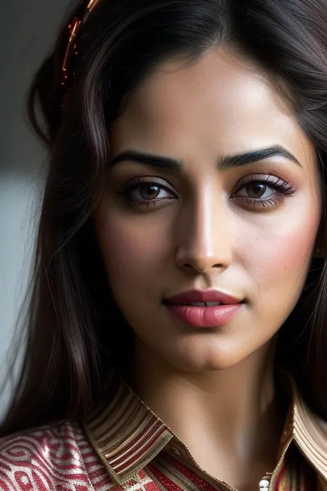 beautiful woman (Y4m1G4ut4m:.99), beautiful hair  , ((portrait)), (closeup:1.2), ((from the waist up)), (((  A high-tech virtual reality arcade, where visitors can immerse themselves in interactive digital worlds :1.2 ))), natural skin texture, ((red lips)), ((  Geometric print blouse and trousers :1.2)), 24mm, 4k textures, soft cinematic light, adobe lightroom, photolab, hdr, intricate, elegant, highly detailed, sharp focus, ((((cinematic look)))), soothing tones, insane details, intricate details, hyperdetailed, low contrast, soft cinematic light, exposure blend, hdr, faded, now, ("I've got a bad feeling about this.":1.1)