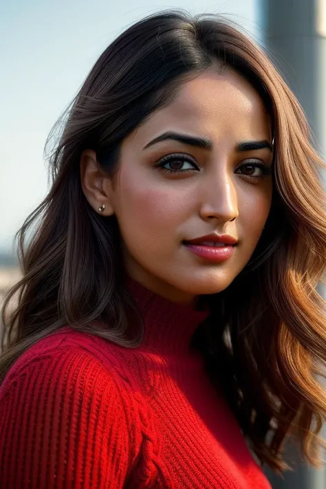 beautiful woman (Y4m1G4ut4m:.99), beautiful hair , ((portrait)), (closeup:1.2), ((from the waist up)), ((( An innovative urban rooftop wind turbine, harnessing wind power in urban environments to supplement energy needs :1.2 ))), natural skin texture, ((red lips)), (( Knit dress and tights :1.2)), 24mm, 4k textures, soft cinematic light, adobe lightroom, photolab, hdr, intricate, elegant, highly detailed, sharp focus, ((((cinematic look)))), soothing tones, insane details, intricate details, hyperdetailed, low contrast, soft cinematic light, exposure blend, hdr, faded, now, ("I've got a bad feeling about this.":1.1)