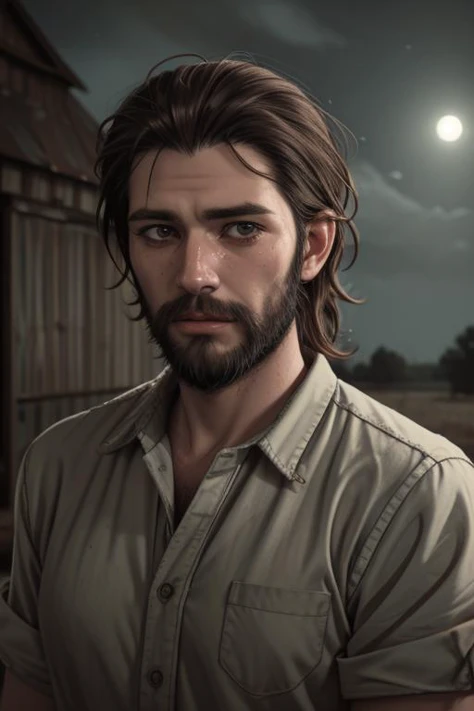 photorealistic
american southern state male hilbilly, farmer, (shirt:1.3) beard, dirty face
midnight, moonlight, beard, gloomy atmosphere