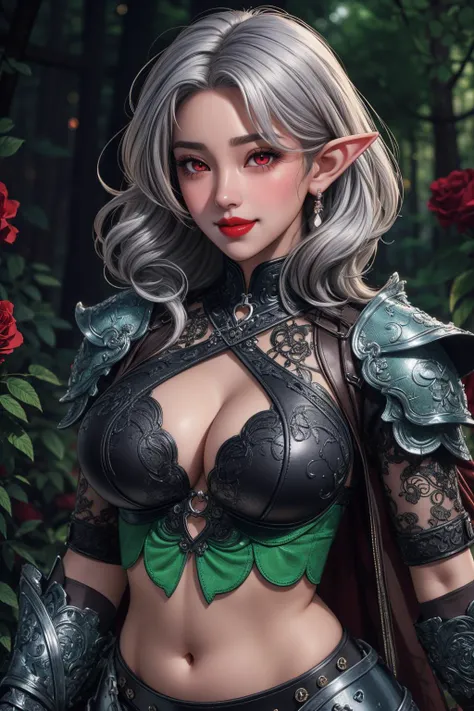 (masterpiece:1.5), (((top quality, best quality, high quality))), ((intricately detailed, ultra-detailed, insanely detailed)), highres, 32K, extremely detailed unity CG 8K wallpaper, (beautiful and aesthetic:1.2),, (depth of field:1.3), (immaculate:1.3), (delicate detailed depiction:1.4), (photorealistic:1.4), (hyperrealism:1.3),
(((dim lighting))),  (pitch black:1.5), (illustration of an immensely beautiful woman:1.3),
(upper body:1.4), (close-up portrait:1.4), (perfectly centered:1.4), (((dynamic pose, cinematic angle))),
(1girl:1.5), (solo:1.4), (elf:1.4), (dark-skinned female:1.5), (silver hair:1.5), 
beautiful gorgeous face, [(detailed face:1.2):0.2], bright eyes, (red glowing eyes:1.5), pureerosface_v1, ulzzang-6500-v1.1, (red lips:1.4), (full lips:1.4), (light_smile:1.4),
attractive flawless body, (((pronounced feminine curves))), bright glistening skin, realistic skin, skin pores, (voluptuous:1.5), (((soft belly, navel, groin:1.3))), (curvy waist:1.5), (wide hips:1.5), 
(green clothes:1.5), (skimpy light leather armor:1.5), (armored leather criss-cross halter:1.5), (armored leather cutout pants:1.5),  (leather gloves:1.5), (((pauldrons))), (leather gauntlets:1.4), (((gems-adorned collar))), (leather belt:1.5), (leather quiver straps:1.5), (fabrication glitters:1.5), (luxury intricate clothing jewelries:1.5), (jeweled embroideries:1.4), (clothing sparkles:1.4), (sparkling particles:1.3), (((sagging front seam, sagging hind seam))), (((earrings, armlets, leafy necklace))), 
(sneaking in the dark:1.5), (in a deep dark haunting forest:1.5), (midnight:1.5), (dome made of roses arches:1.5), (blindingly brilliant natural light:1.5), (surreal delicate background:1.5), (intricate complex scene:1.4), (mesmerizing atmosphere:1.3), (breathtaking scenery:1.3), <lora:detail_slider_v4:1.8>, <lora:LowRA_v2:0.5>,