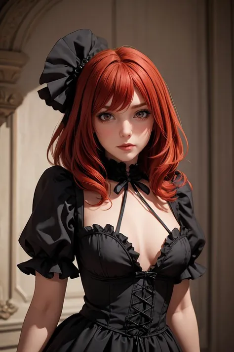 (masterpiece, best quality), 1girl, red hair, medium chest, gothic frill dress, pervert face,