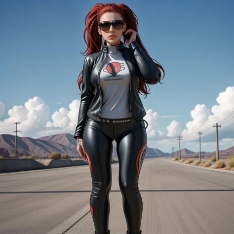 full body shot, 1girl, milf, mature female, biker, leather jacket, motorcycle, sunglasses, windy, red hair, ponytail, tattoo, <lora:LCM_LoRA_Weights_SD15:1>