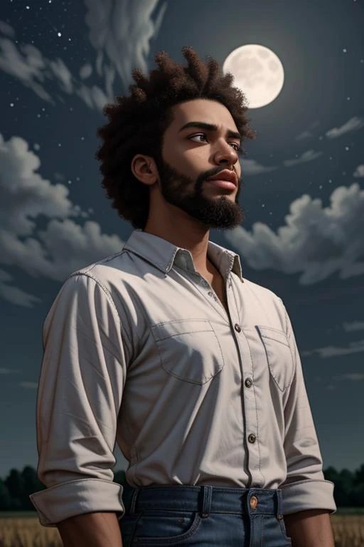 nubian, afro-american northern state male redneck, farmer, hillbilly, (shirt:1.3)
midnight, moonlight, beard, gloomy atmosphere
<lora:LCM_LoRA_Weights_SD15:1>