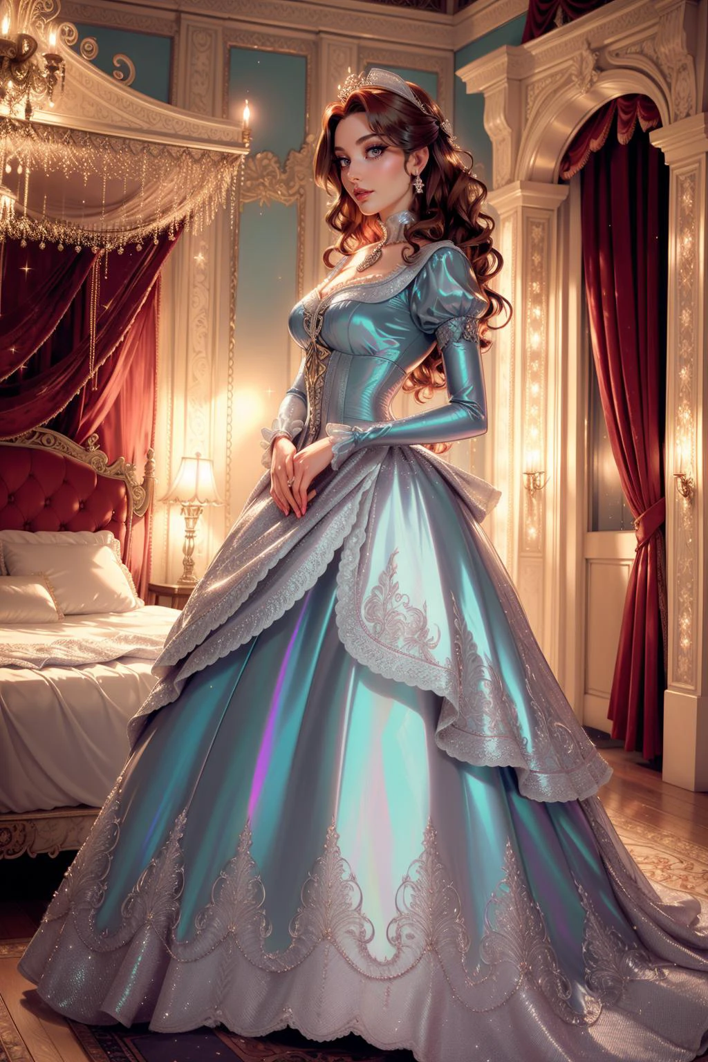 solo, adult tall beautiful Persian woman, (luminescent, sparkling, magic, glowing), high quality, best quality, highres, high detail, (rococo fashion), rich complicated gown, long sleeves, hairpiece, (grayiridescent dress), Royal Victorian Bedroom, A grand four-poster bed draped in luxurious velvet, surrounded by ornate wallpaper and antique furnishings, exuding regal charm. (auburn hair) soft waves with side part, (diamond hair slide:1.2) eyeliner, eyeshadow, makeup, red lips, jewelry <lora:Outfit_LucentBustle:0.8>full body, luc3nt, bu5tl3, bustle fashion