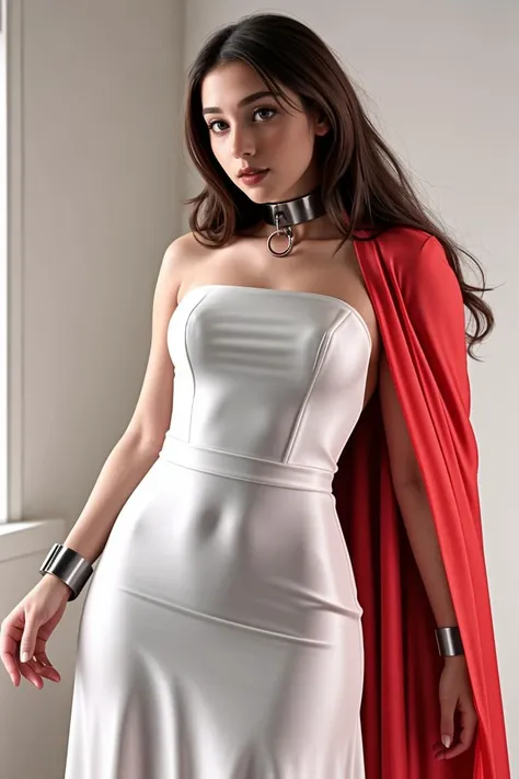 2women, metal collar, metal cuffs, <lora:Outfit_soph-SmoothCapedGown:0.6>white long dress, bare arms, red cape