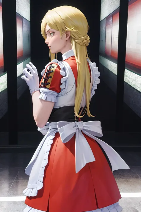 masterpiece, best quality, 1girl, solo, <lora:zs_Hanoun:0.8> hanounsmtii, long hair, blonde hair, dress, apron, gloves, looking back, from behind