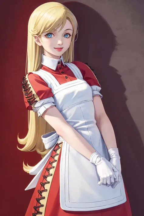 masterpiece, best quality, 1girl, solo, <lora:zs_Hanoun:0.8> hanounsmtii, long hair, blonde hair, dress, apron, gloves, smile, looking at viewer