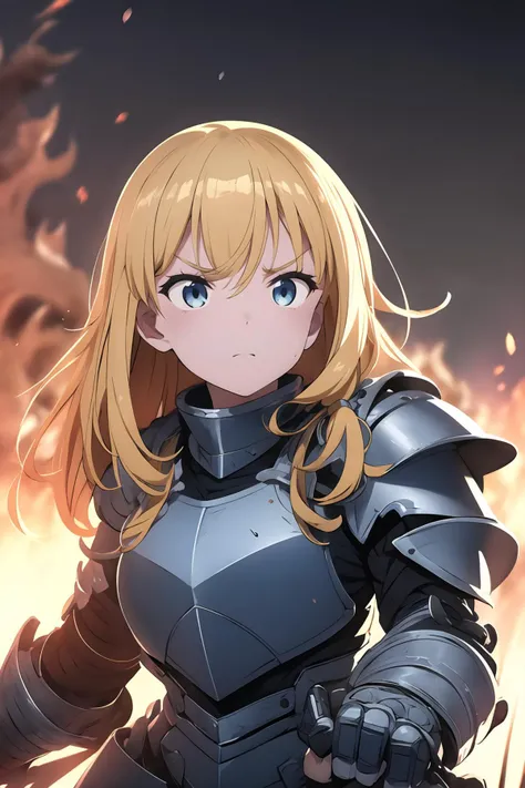 1girl, solo, steel armor, intricate engravings, long braided blonde hair, fierce blue eyes, determined expression, standing, battlefield, rising sun, smoke, scattered weapons, epic atmosphere, close-up, heroic pose