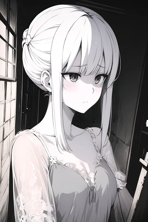 1girl, solo, translucent pale skin, long flowing white hair, hollow eyes, sad expression, tattered white gown, intricate lace, floating, close shot, old abandoned house, broken windows, cobwebs corners, flickering candlelight, eerie atmosphere, high contrast